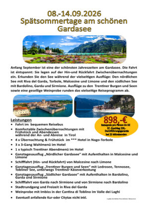 08.-14.09.2026 Spätsommertage am schönen Gardasee