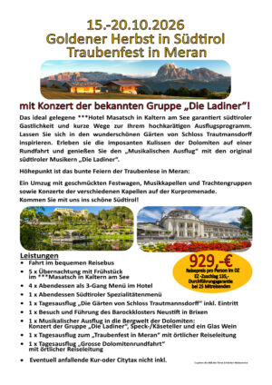 15.-20.10.2026 Goldener Herbst in Südtirol-Traubenfest in Meran